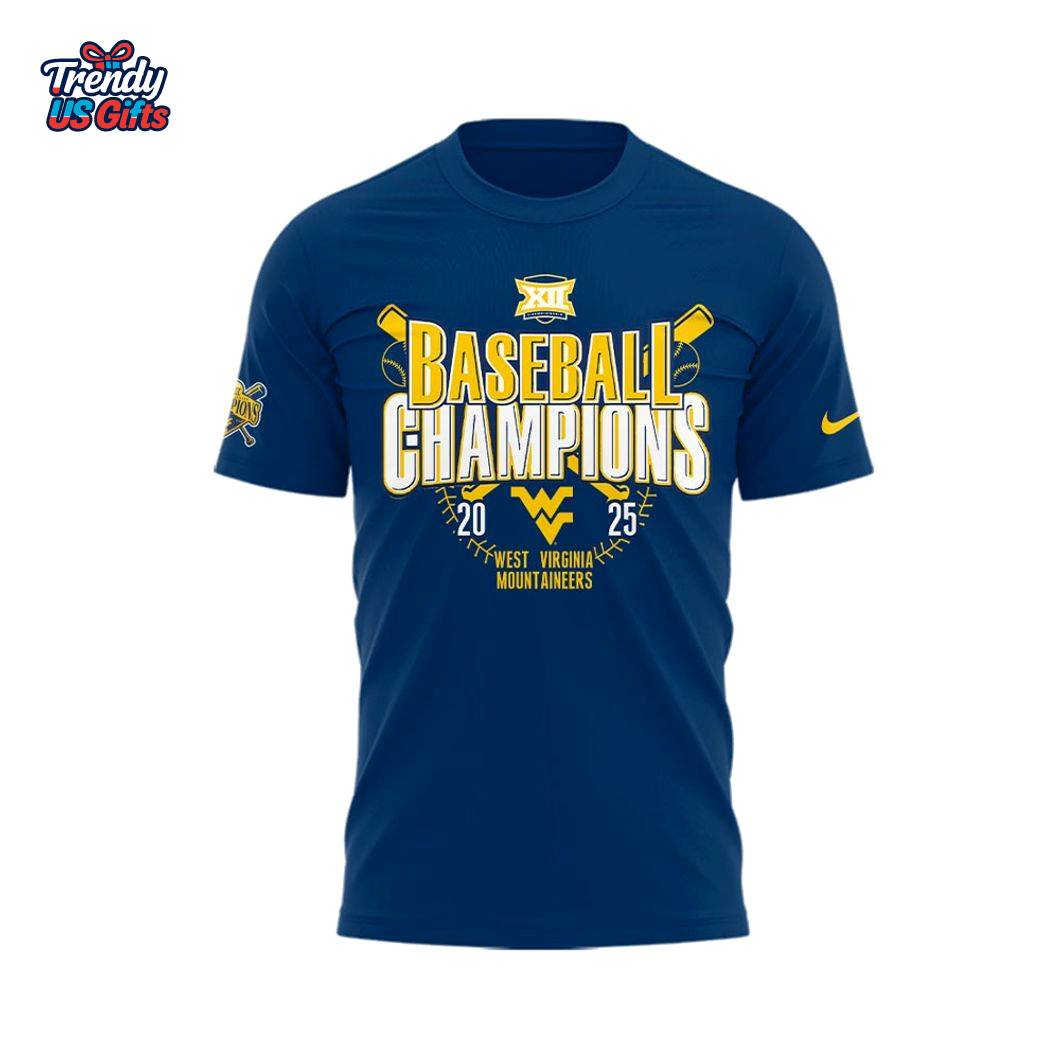 West Virginia Mountaineers Baseball Champions 2025 Navy T-Shirt West Virginia Mountaineers Baseball Champions 2025 Navy T-Shirt